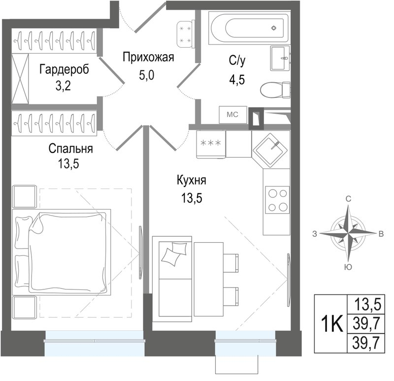 1 ккв 39,7 м²