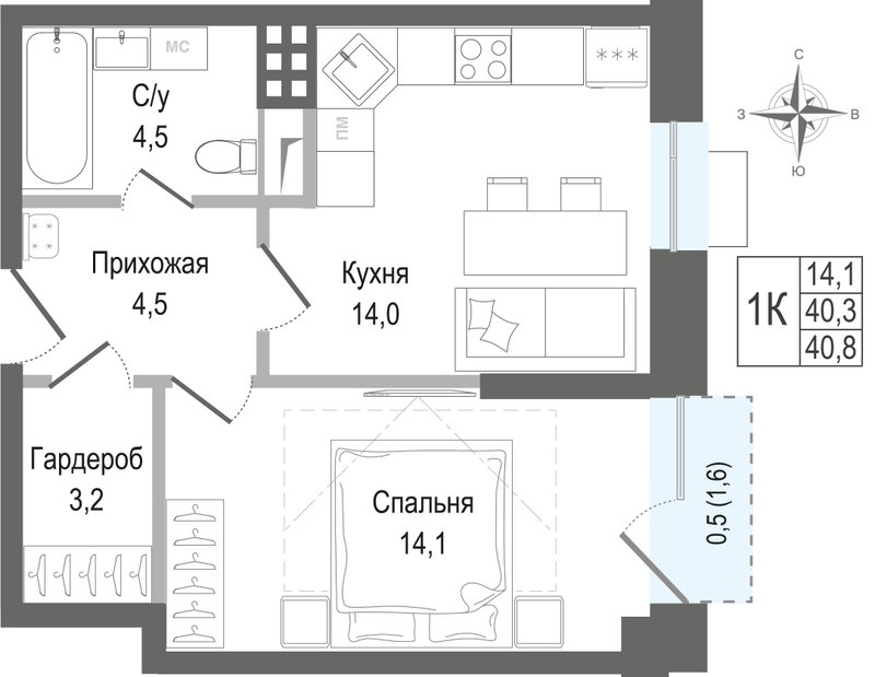1 ккв 40,3 м²