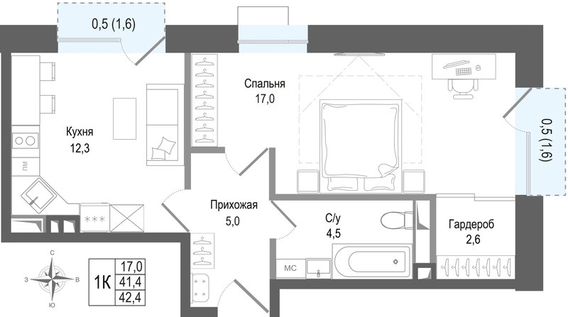 1 ккв 41,4 м²