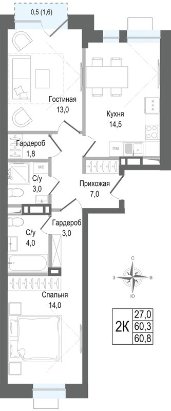 2 ккв 60,3 м²