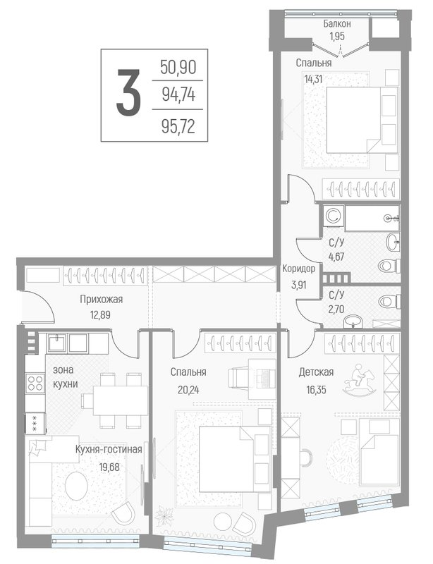 4 ккв (Евро) 95,4 м²