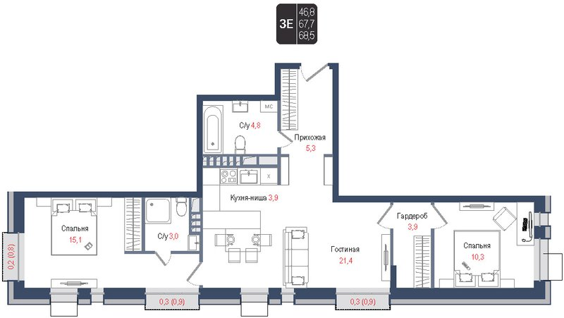 3 ккв (Евро) 67,6 м²