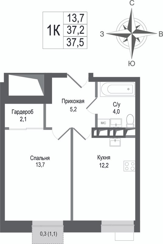 1 ккв 37,2 м²