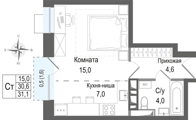 Студия 30,6 м²