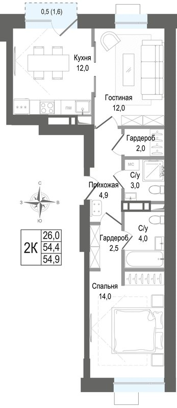 2 ккв 54,4 м²