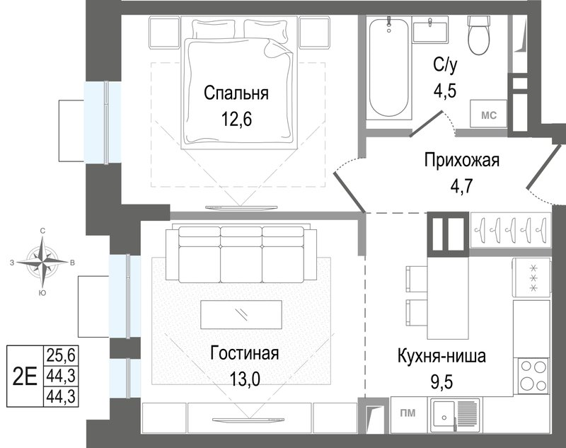 2 ккв (Евро) 44,3 м²