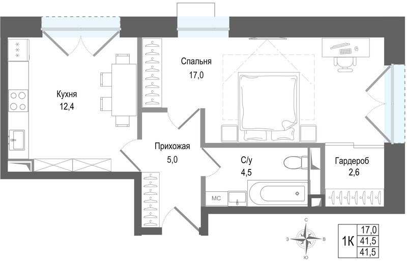 1 ккв 41,5 м²