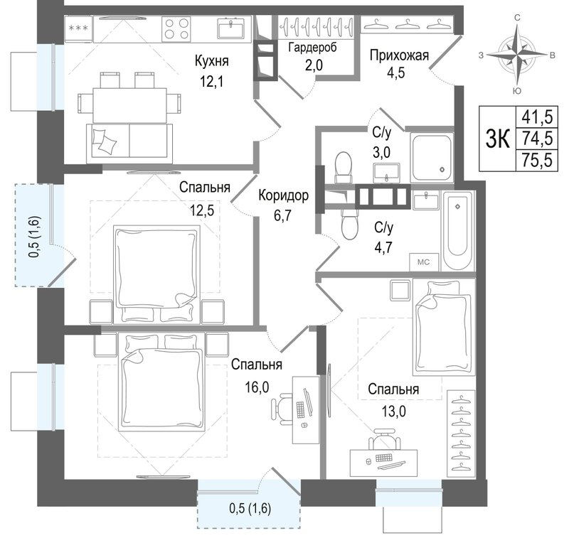3 ккв 74,5 м²
