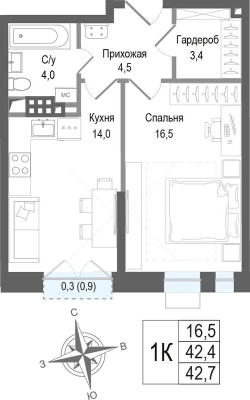 1 ккв 42,4 м²
