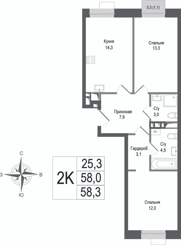 2 ккв 58 м²