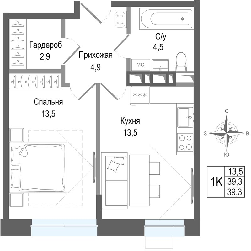 1 ккв 39,3 м²