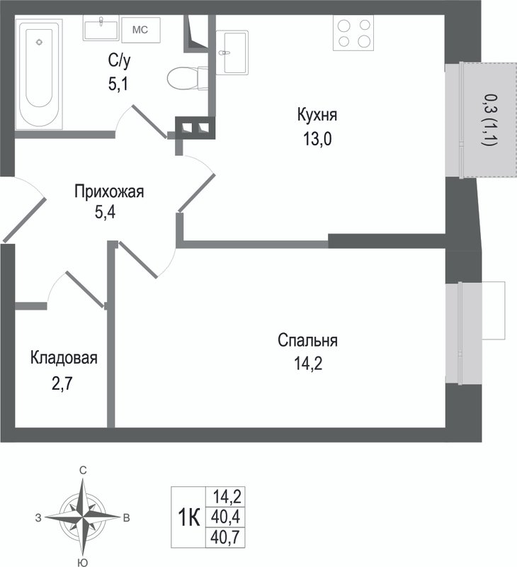 1 ккв 40,4 м²