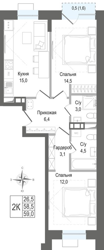 3 ккв (Евро) 58,5 м²