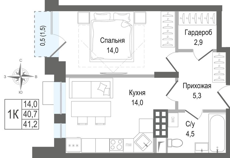 1 ккв 40,7 м²