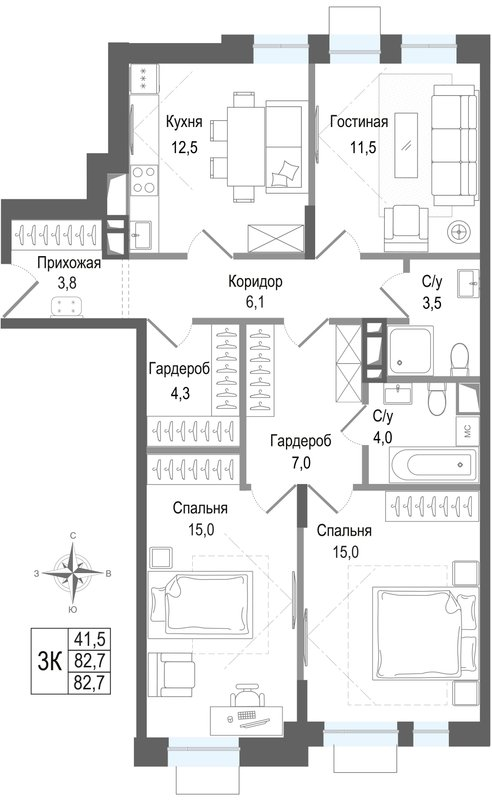 3 ккв 82,7 м²