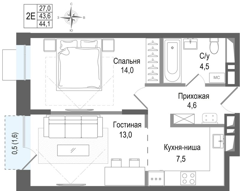 2 ккв (Евро) 43,6 м²