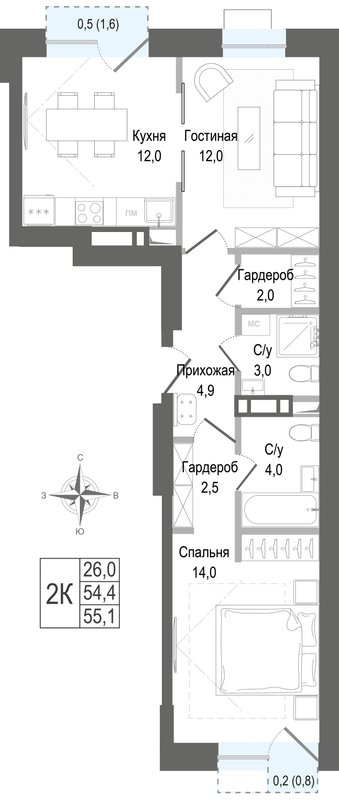 2 ккв 54,4 м²