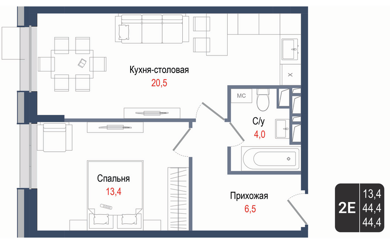 2 ккв (Евро) 44,4 м²