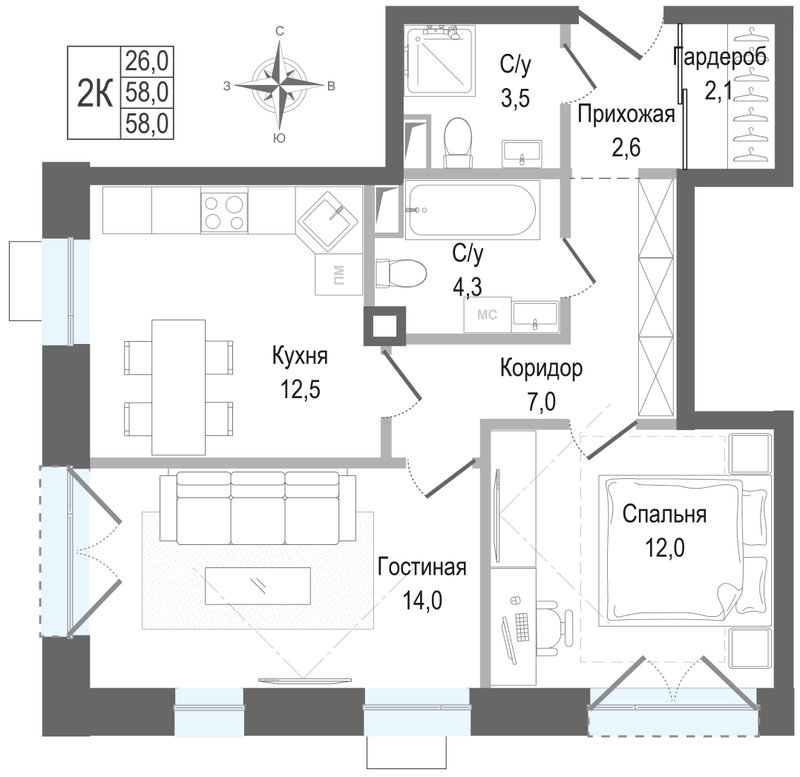 2 ккв 58 м²
