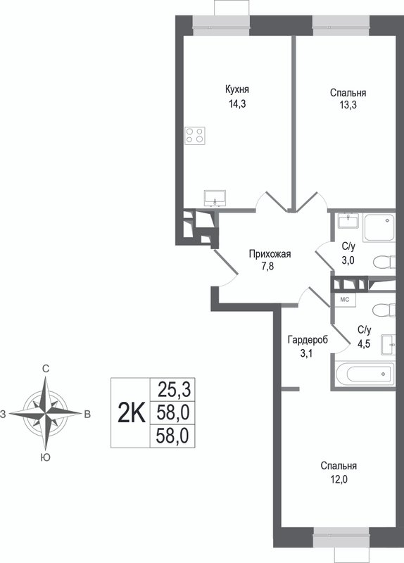 2 ккв 58 м²