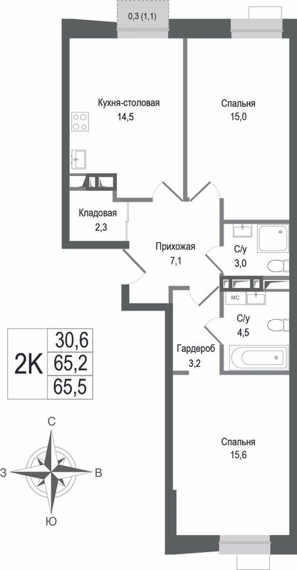 2 ккв 65,2 м²