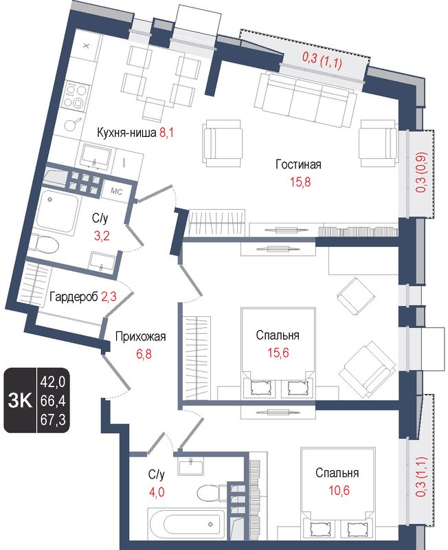 3 ккв (Евро) 66,4 м²