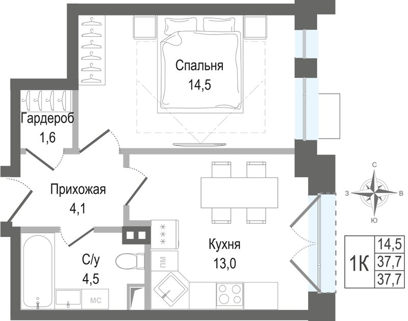 1 ккв 37,7 м²