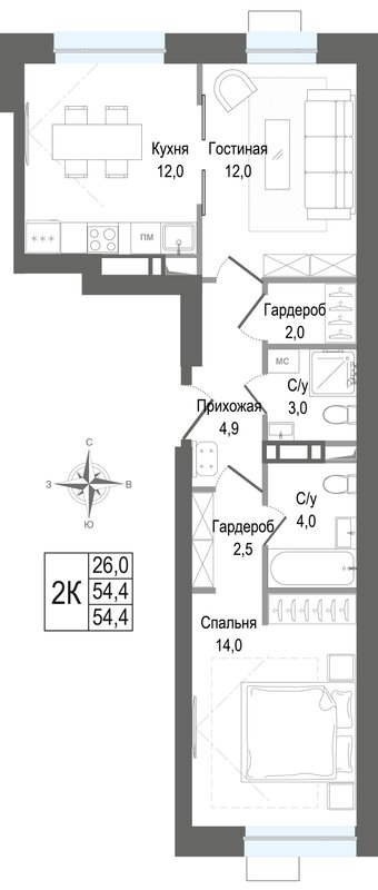 2 ккв 54,4 м²