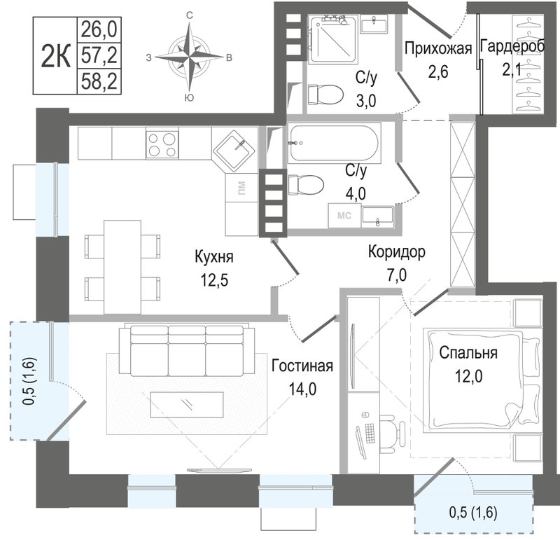 2 ккв 57,2 м²
