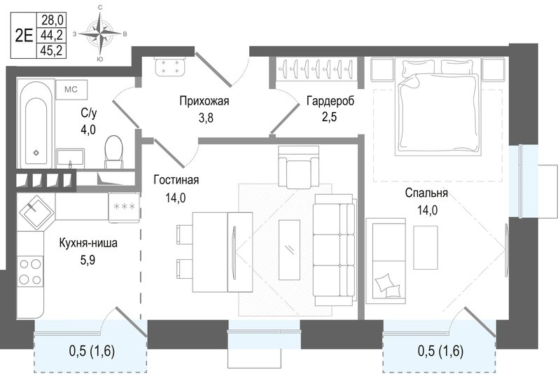 2 ккв (Евро) 44,2 м²