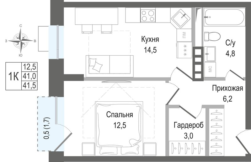 1 ккв 41 м²