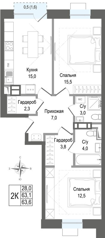 3 ккв (Евро) 63,1 м²