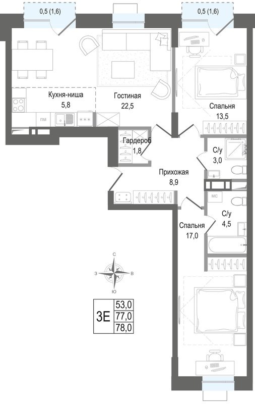 3 ккв (Евро) 77 м²