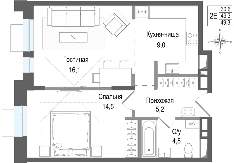 2 ккв (Евро) 49,3 м²