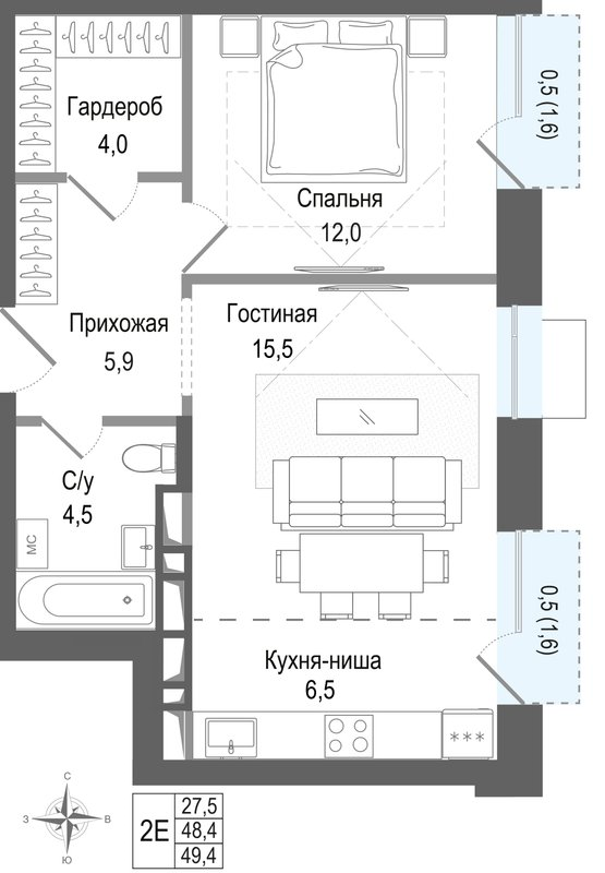 2 ккв (Евро) 48,4 м²
