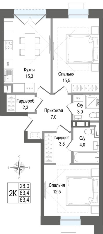 3 ккв (Евро) 63,4 м²