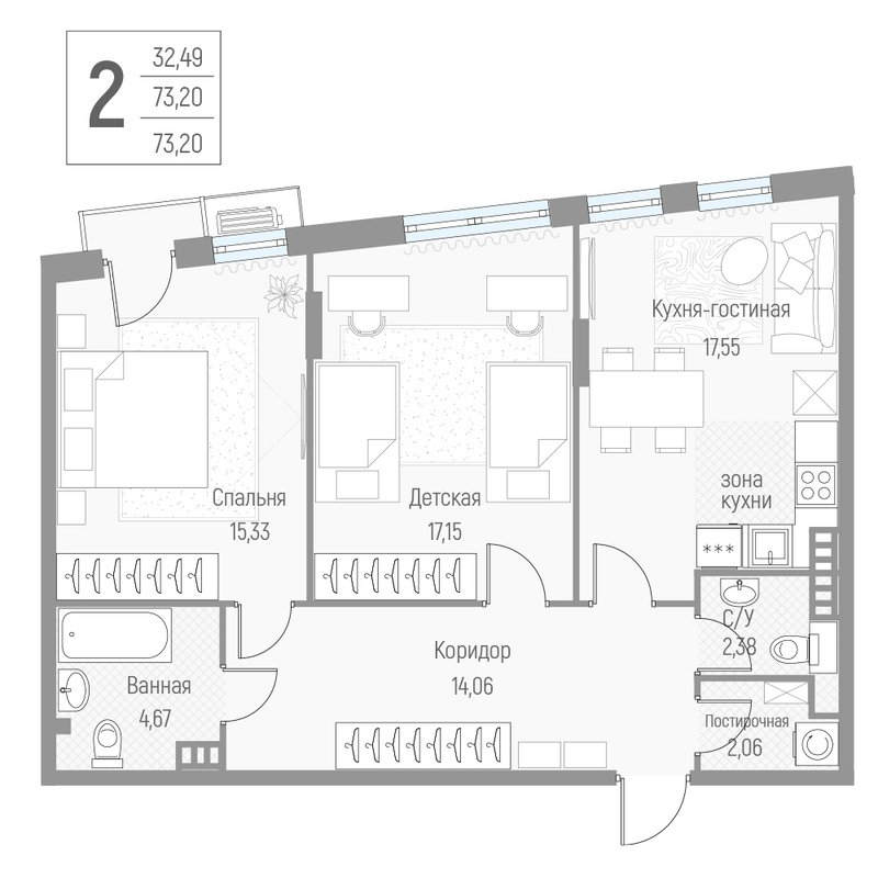 3 ккв (Евро) 72,9 м²