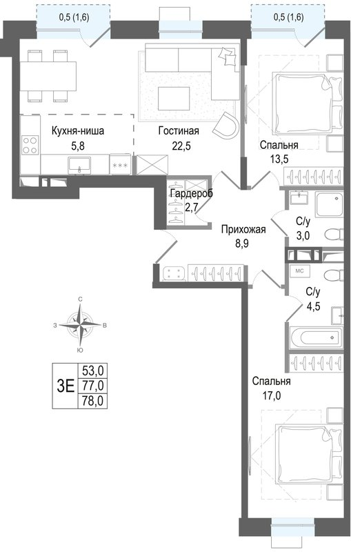3 ккв (Евро) 77 м²