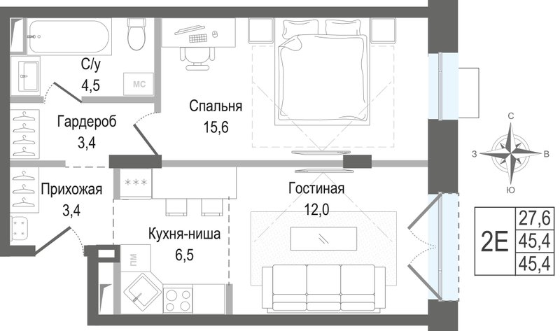 2 ккв (Евро) 45,4 м²