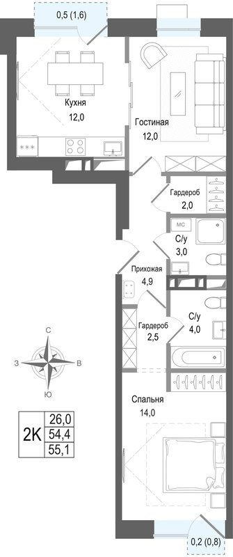 2 ккв 54,4 м²
