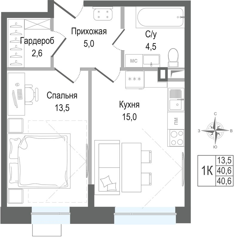 1 ккв 40,6 м²