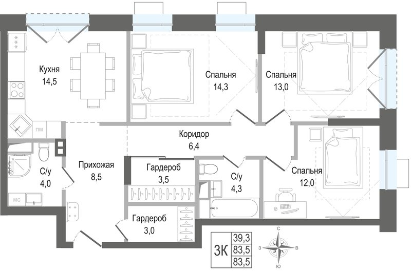 3 ккв 83,5 м²