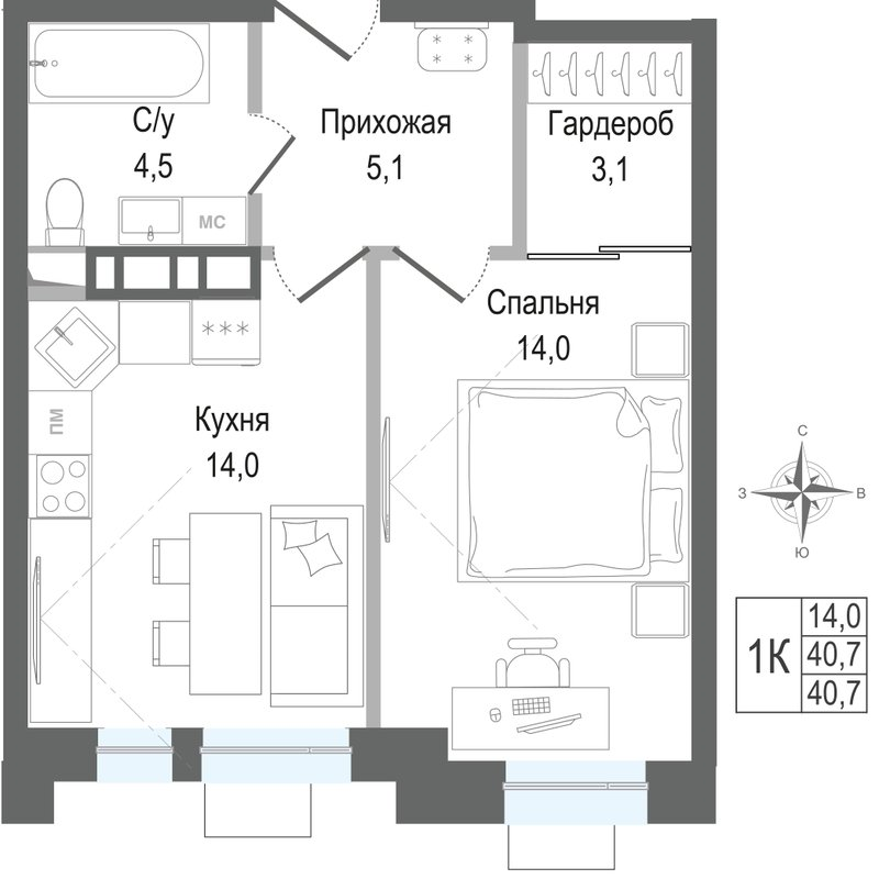1 ккв 40,7 м²