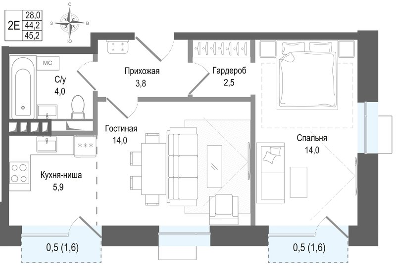 2 ккв (Евро) 44,2 м²