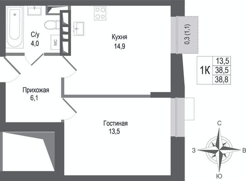 1 ккв 38,5 м²