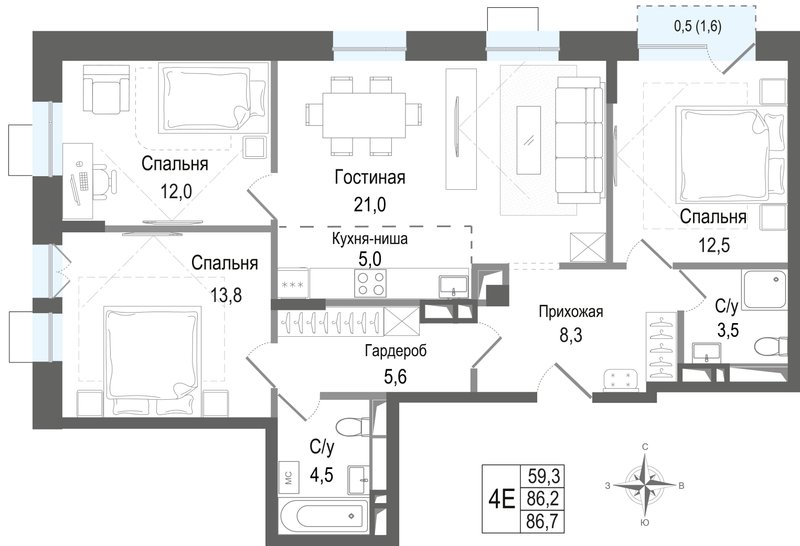 4 ккв (Евро) 86,2 м²