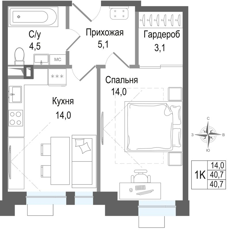 1 ккв 40,7 м²