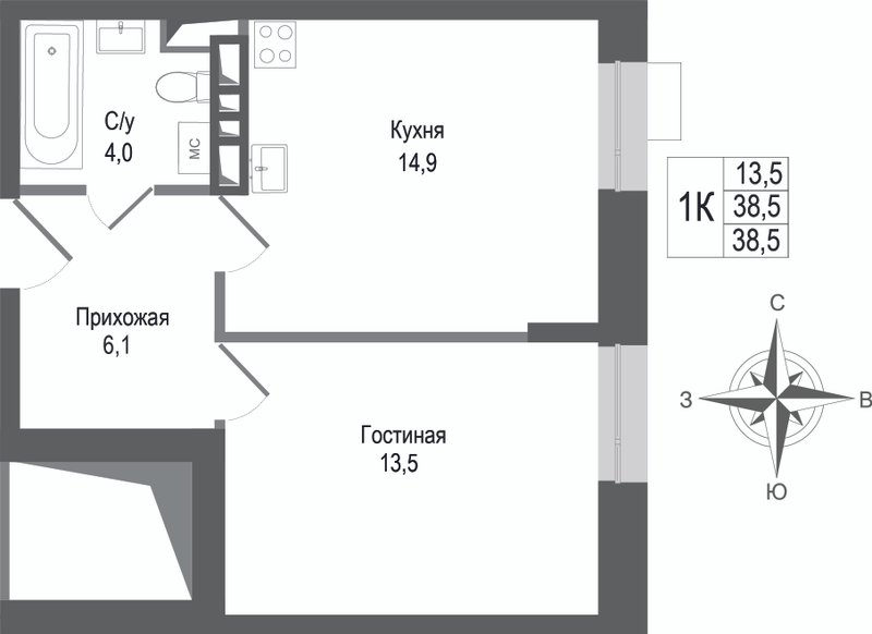 1 ккв 38,5 м²