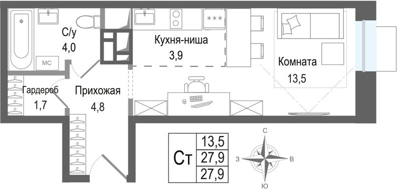 Студия 27,9 м²