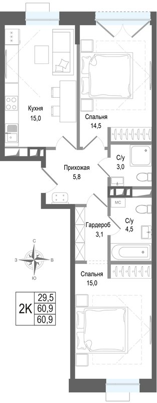 3 ккв (Евро) 60,9 м²